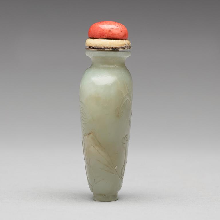 Three nephrite and agathe snuff bottles with stoppers, China and Tibet, late 19th Century.