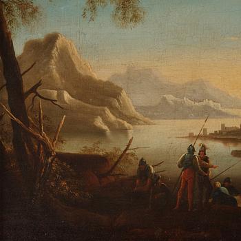 Claude Joseph Vernet, After, Mountain landscape with figures by the water.