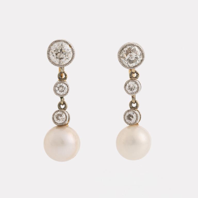 Gold, old cut diamond and pearl earrings.