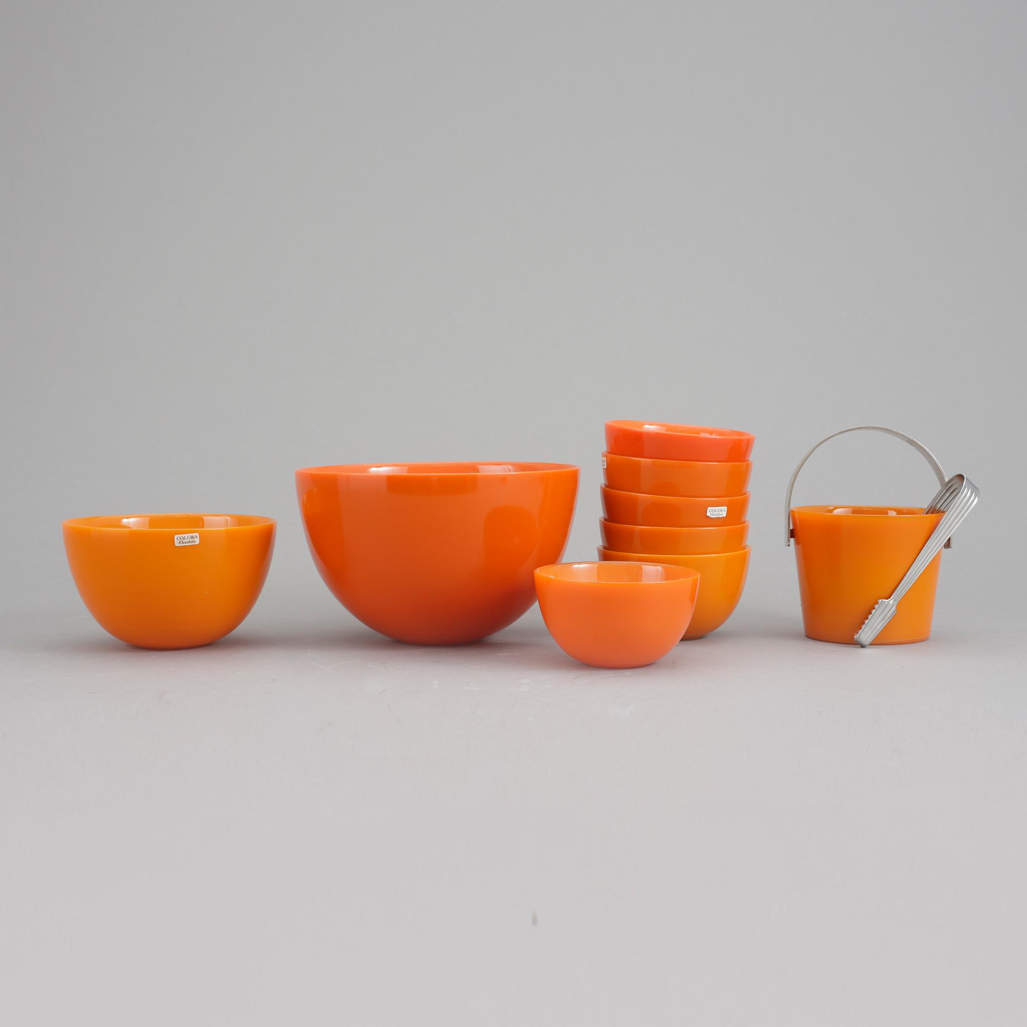 SKÅLAR 8 st OCH ISHINK 1 ST, glas, "Colora", Sven Palmqvist, Orrefors.