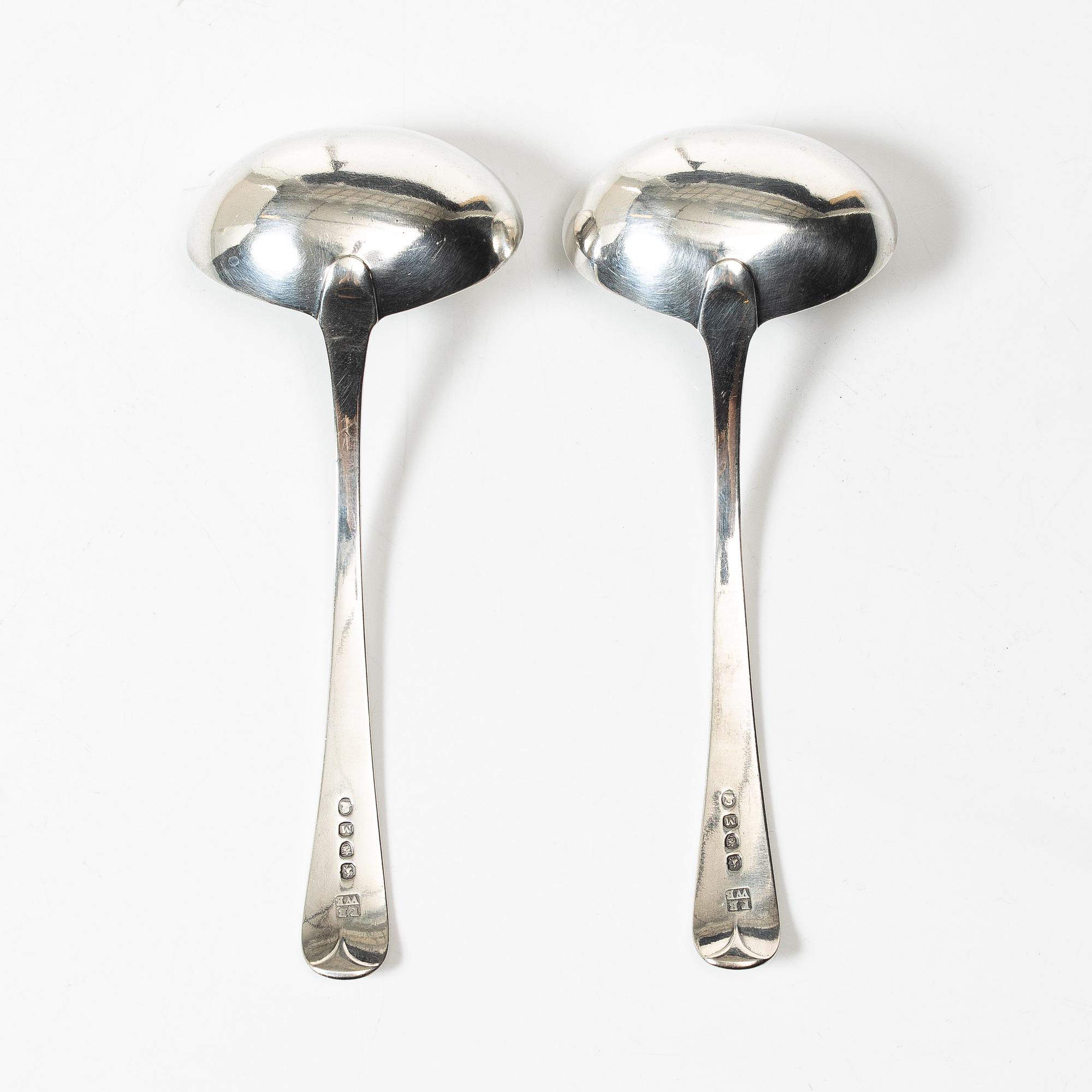 A pair of 18th century silver sauce boats, Richard William, Ireland, spoons, Peter & William Bateman, London 1807.