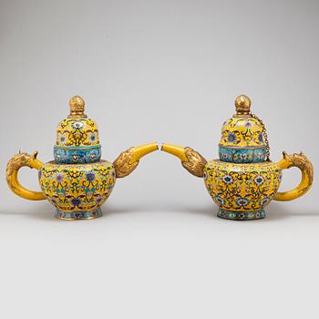 A pair of large cloisonne tea pots with covers, China, second half of the 20th Century.