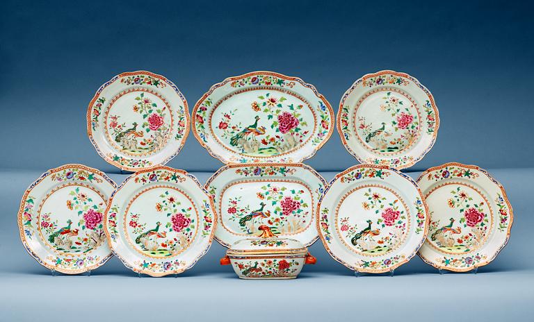 A famille rose 'double peacock' part dinner service, Qing dynasty, Qianlong (1736-95).
