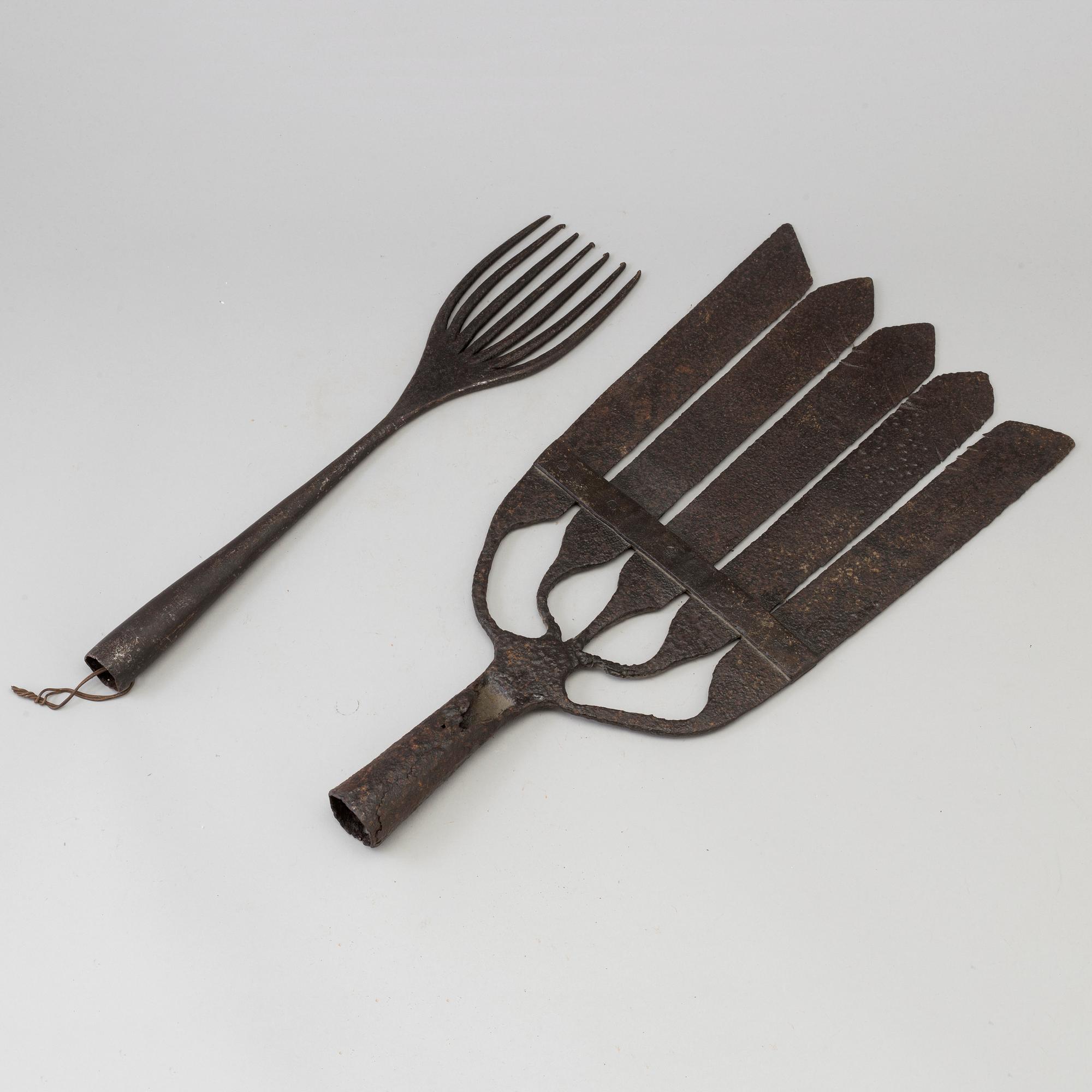 TWO IRON FISHING SPEAR, 18th century.