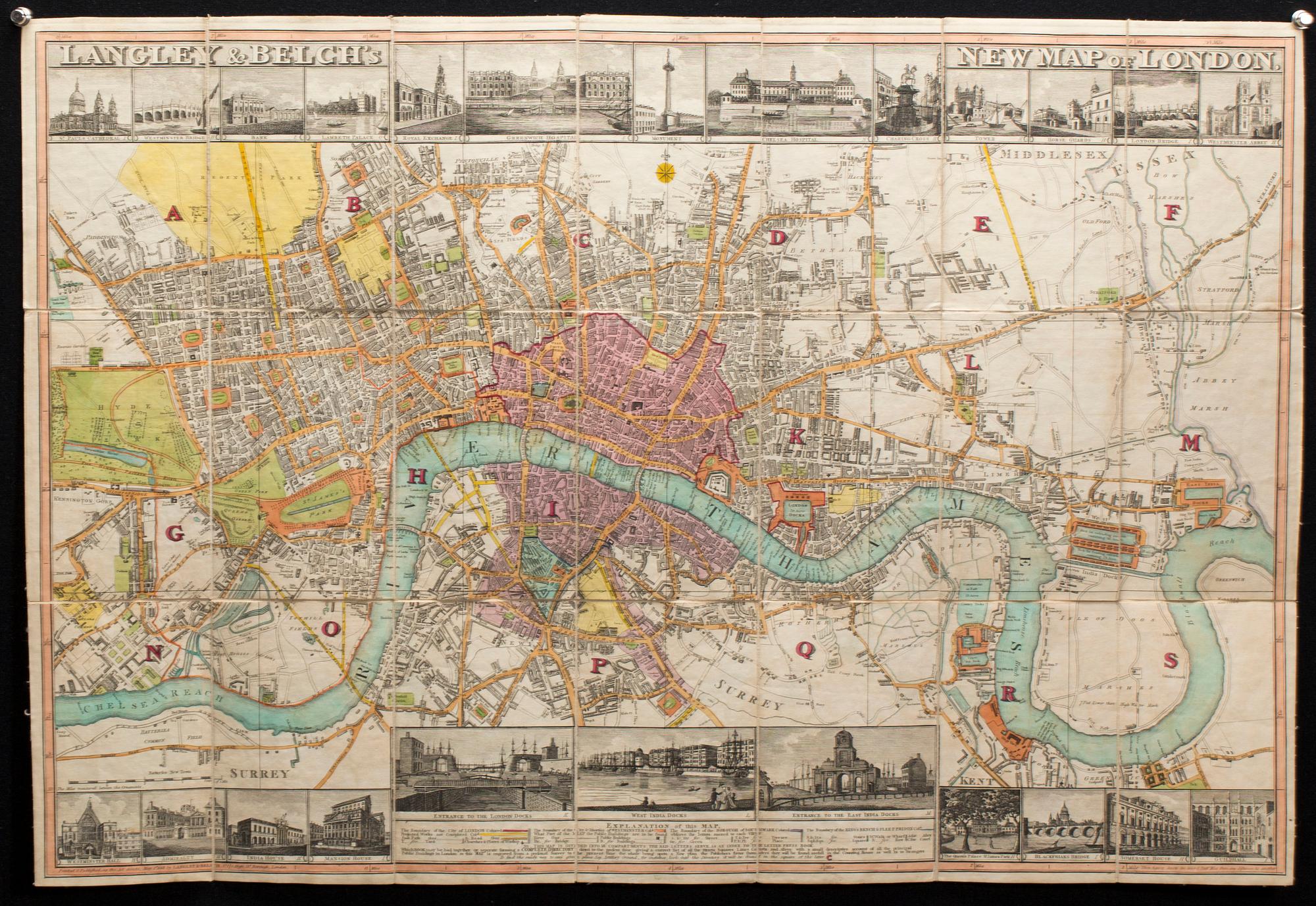 KARTA I FODRAL, "NEW MAP OF LONDON" Langley & Belch´s. 1800-talets första  hälft.