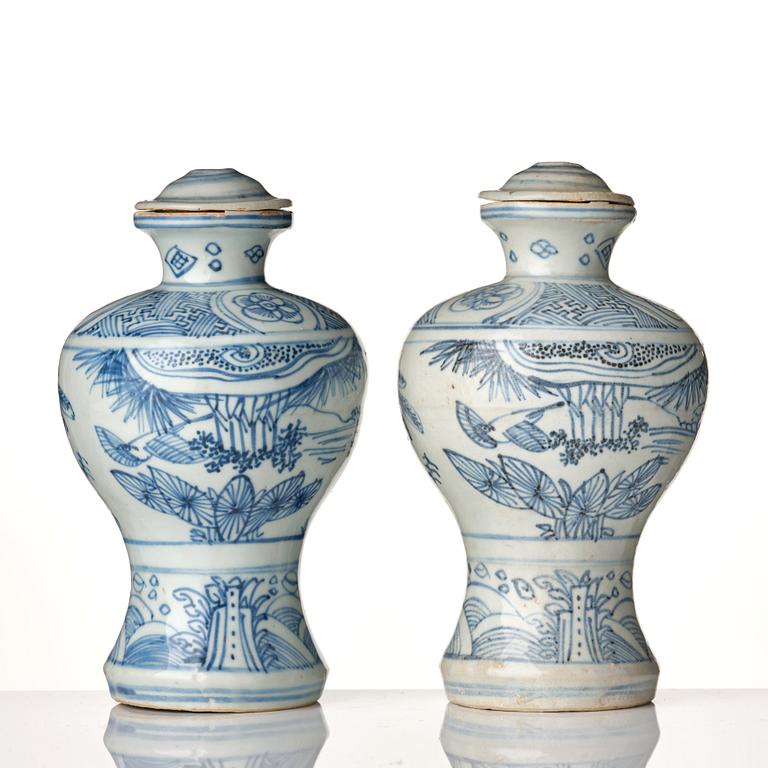 A pair of blue and white Meiping vases, late Ming dynasty (1368-1644).