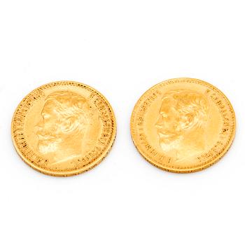 Two Russian 5 Rubel 21K gold coins, Nicolas II, 1898.