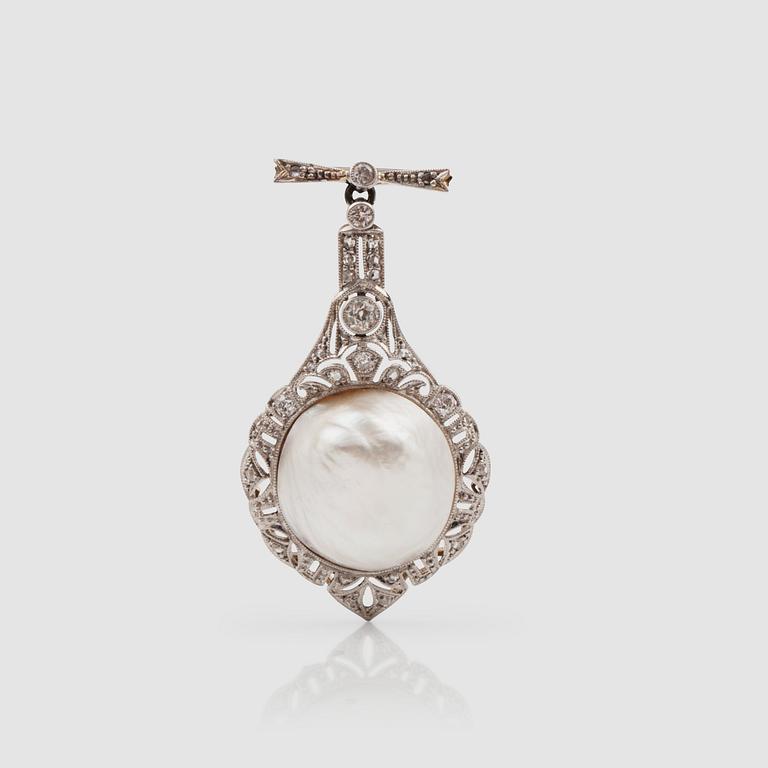 An Edwardian, possibly oriental saltwater, pearl and old-cut diamond brooch/pendant.