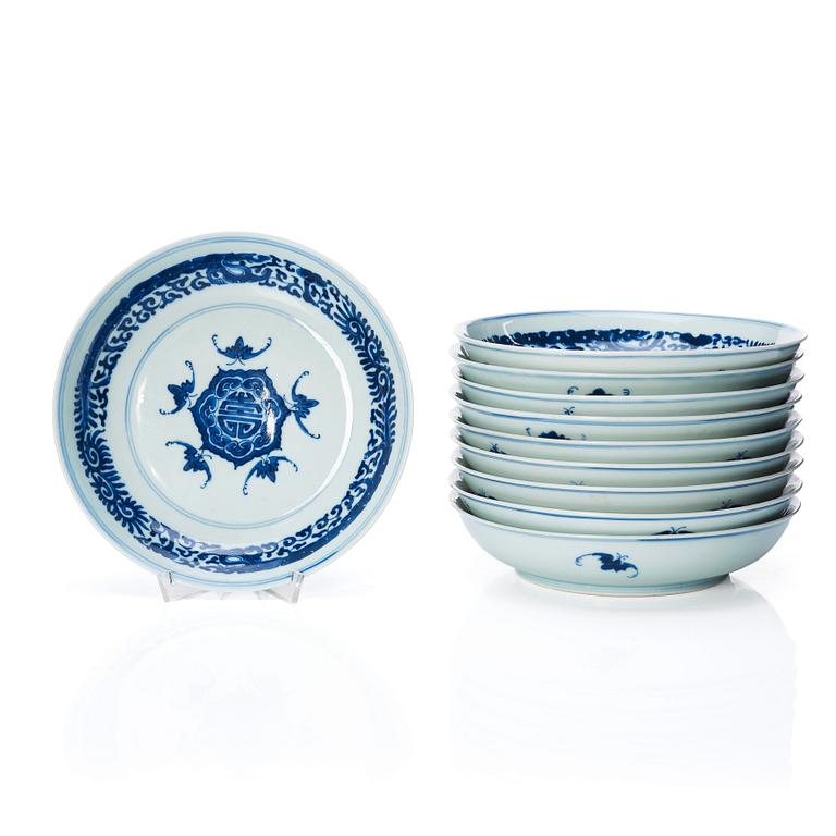 A set of 10 Chinese blue and white dishes, Qing dynasty, 19th Century with hall mark to base.