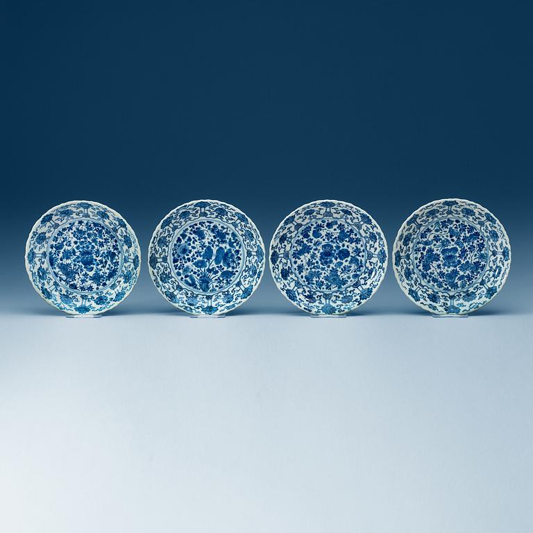 A set of four blue and white dishes, Qing dynasty, Kangxi (1662-1722), with Chenghua six character mark.