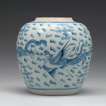 A blue and white phoenix and dragon jar, Qing dynasty, 18th Century.