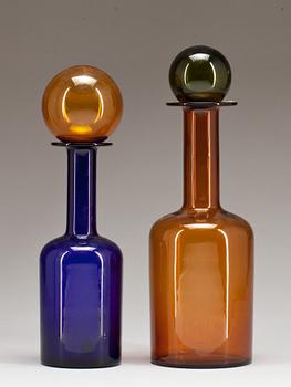 FLASKOR, 2 st, glas, Holmegaard, Danmark, 1900-talets mitt/andra hälft.