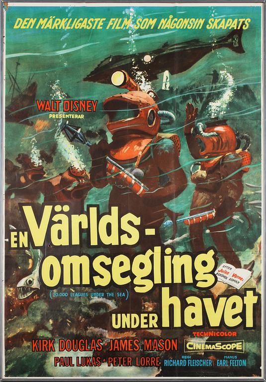 FILMAFFISCH, litografiskt tryck, "En Världsomsegling under havet", 1954.