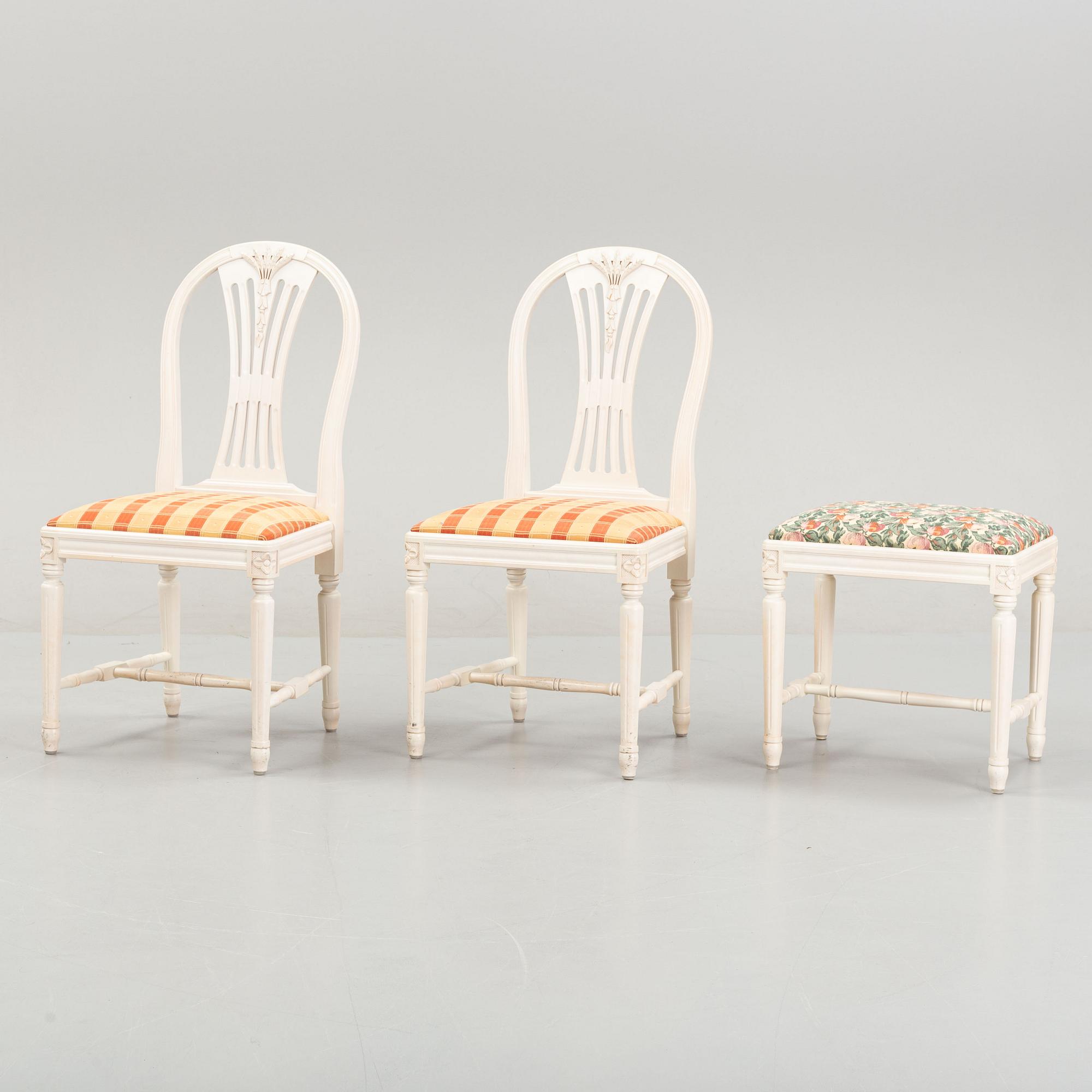 A dining table with eight chairs and a stool, Gustavian style, second half of the 20th Century.