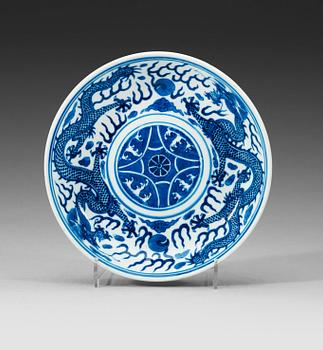 28. A blue and white dragon-dish, Qing dynasty, Guangxu six-character mark and of the period.