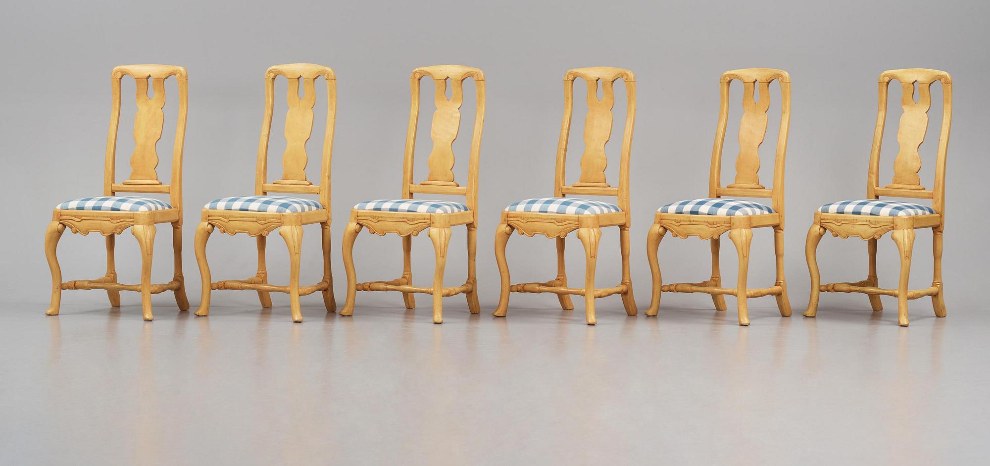 A set of six swedish late-Baroque chairs, Stockholm, first part 18th century.