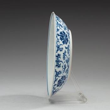 A set of three blue and white lotus dishes, Qing dynasty (1644-1912) with Qianlongs, Jiaqing and Daoguangs seal mark.