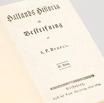 BOKVERK, 3 vol, "Hallands Historia och beskrifning" av SP Bexell, Göteborg 1817-19.