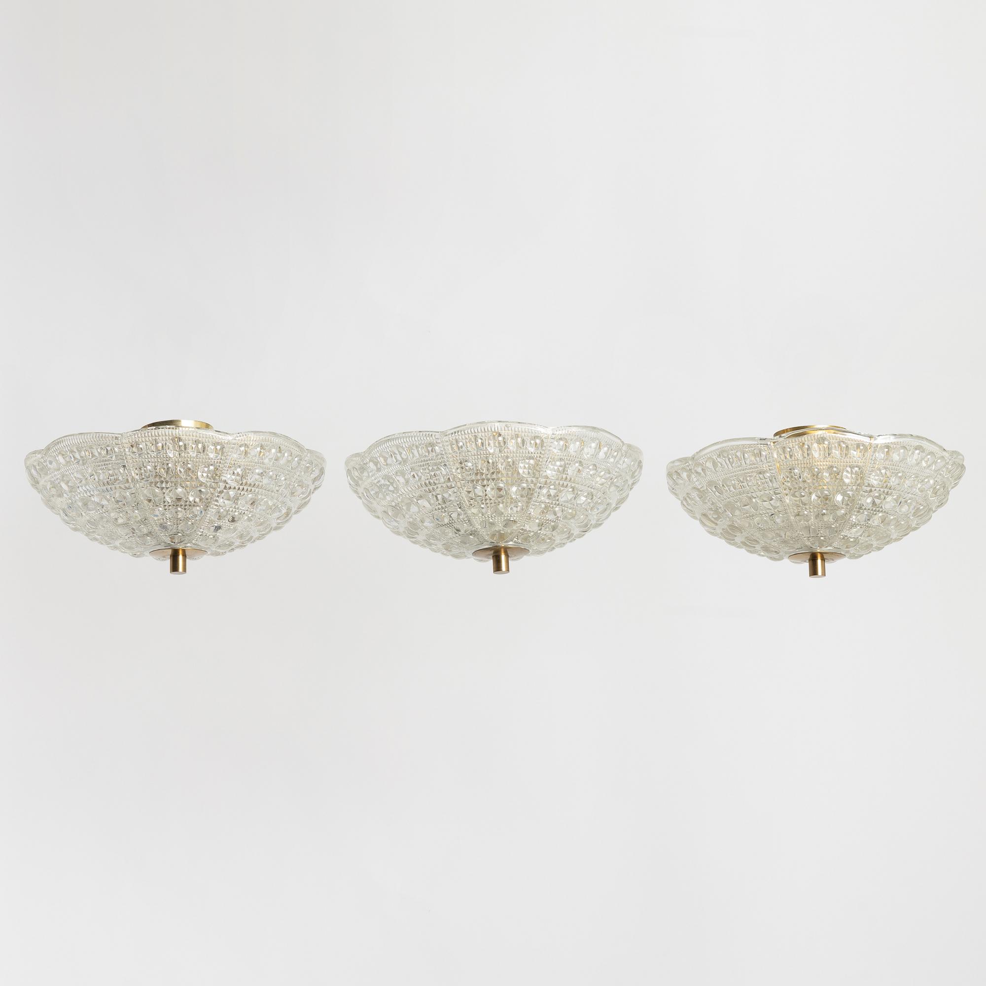 Carl Fagerlund, a set of three ceiling lamps, Orrefors.