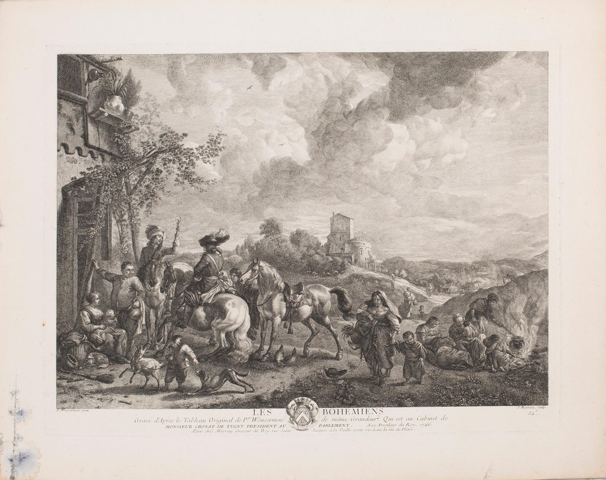 PHILIPS WOUWERMAN, after, six unframed coppar engravings, 18th century.