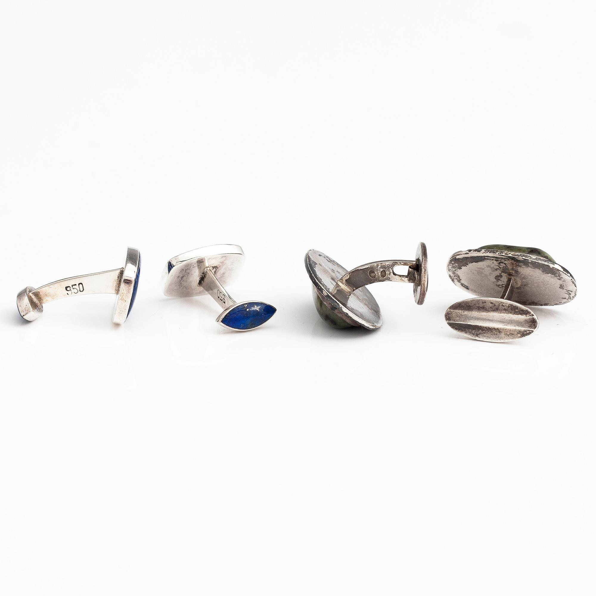 Two pairs of silver cufflinks, one pair with lapis lazuli and one pair with jade.