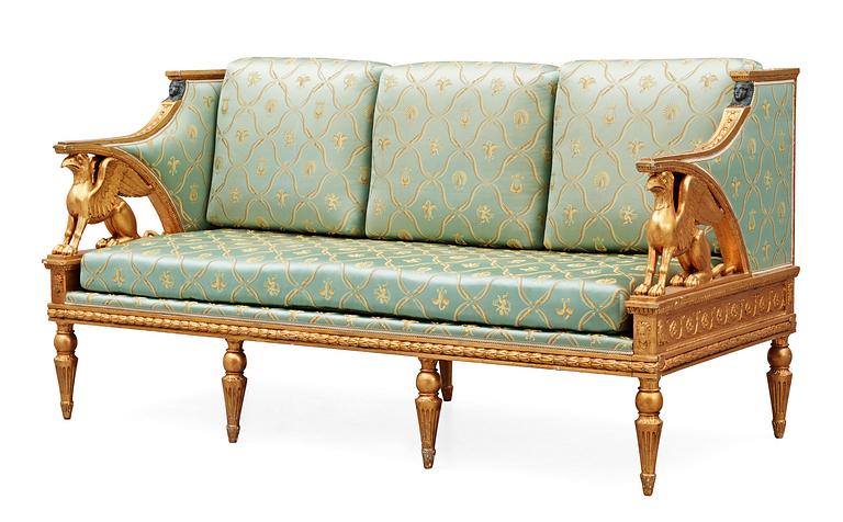 A late Gustavian early 19th Century seating, comprising seven parts (one sofa, four armchairs, two chairs).