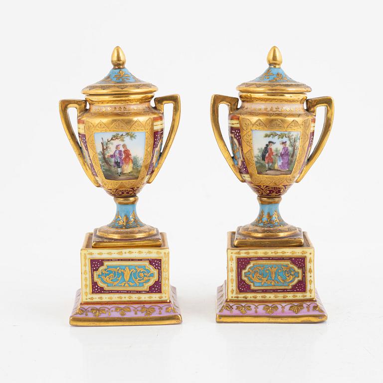 A pair of miniature urns, Vienna-style mark, circa 1900.