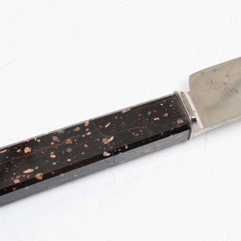 Six 19th century table knives with porphyry handles, Sweden.