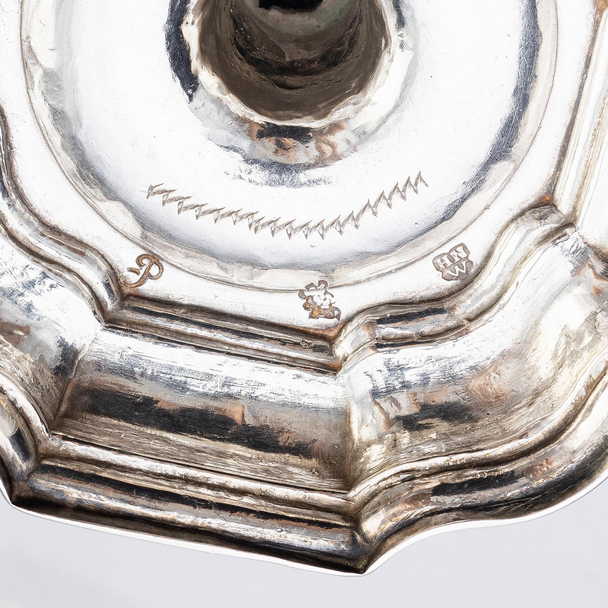 Hans Eriksson Nordwall, ljusstakar, ett par, silver, Stockholm 1727. Senbarock.