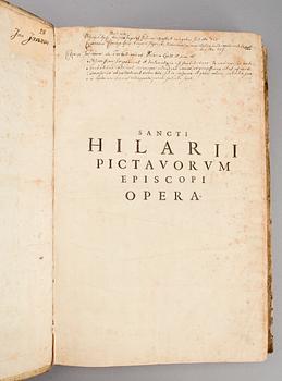 BÖCKER, 2 sambundna, "Sancti Hilarii pictavorum...opera" resp "S. Caecilii Cypriani Carthaginiensis...", Köln 1617.