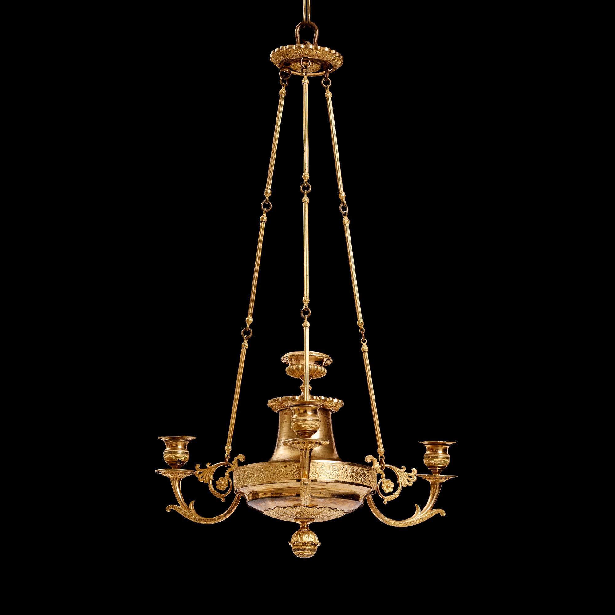 A Swedish Empire three-light hanging-lamp, first part of the 19th century.