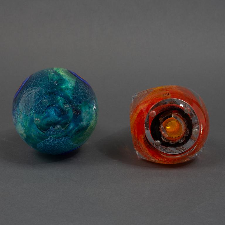 Monica Backström, two glass sculptures, 'Vatten' and 'Eld' from the series 'De fyra elementen', Kosta Boda.