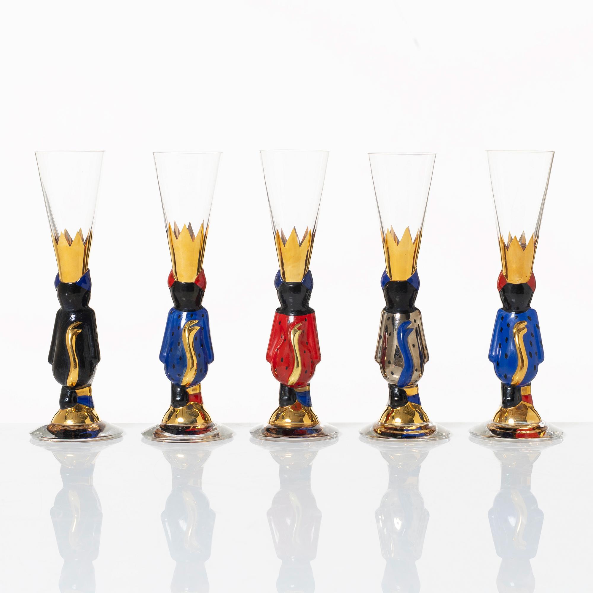 Gunnar Cyrén, snapsglas, 5 st, s.k. "djävulsglas", ur "Nobel" servisen, Orrefors.