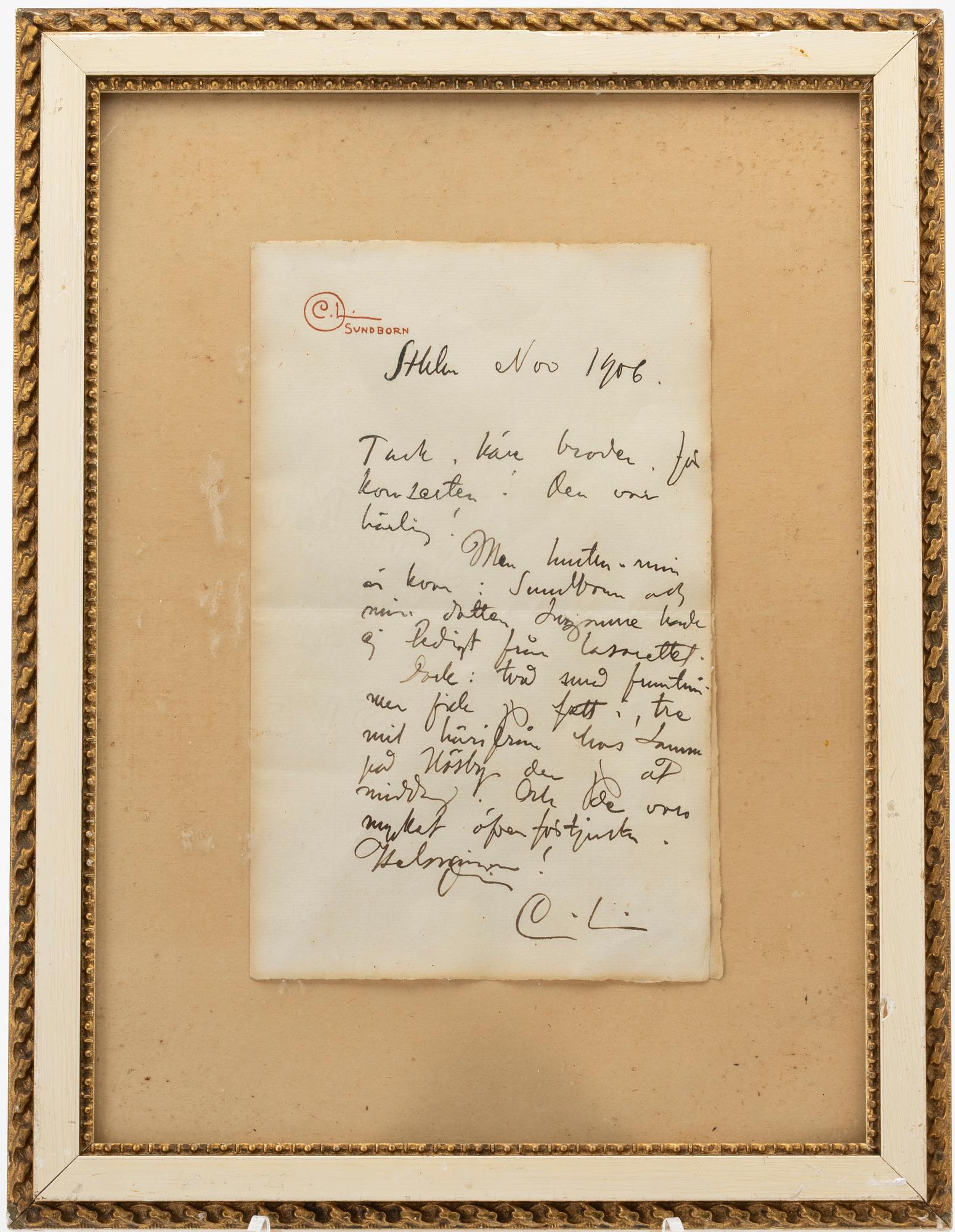 Carl Larsson, Handwritten letter of thanks, 1906.