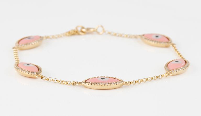 ARMBAND, 18K guld med briljantslipade diamanter ca 0.30 ct, pärlemor samt emalj. Vikt 3,5 gram.