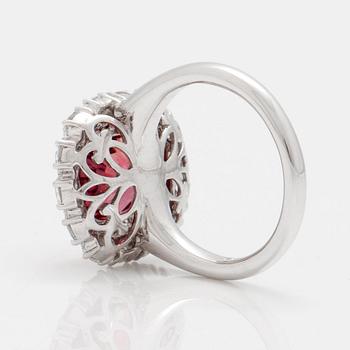 A 5.12 ct unheated red-orange sapphire and brilliant cut diamond ring. Total carat weight of diamonds circa 1.48 cts.