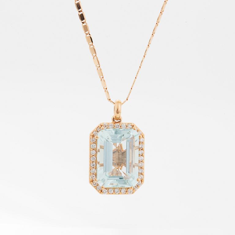 Emerald-cut aquamarine and brilliant-cut diamond necklace.