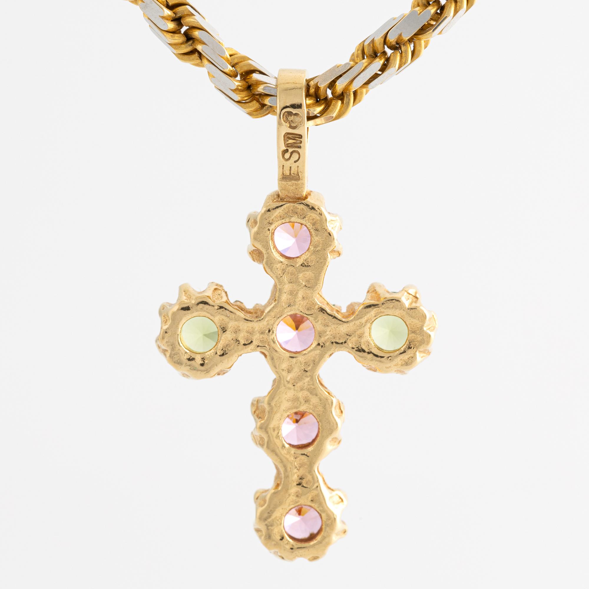 Hänge, kors med peridot och rosa stenar, med kedja.