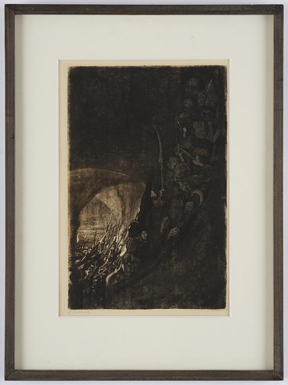 Käthe Kollwitz, "Bewaffnung in einem Gewölbe" from: Bauernkrieg (Peasant's War).