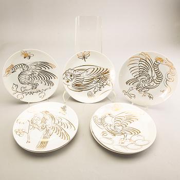 Piero Fornasetti, plates, 7 pcs, "Uccelli Calligrafic", Italy.