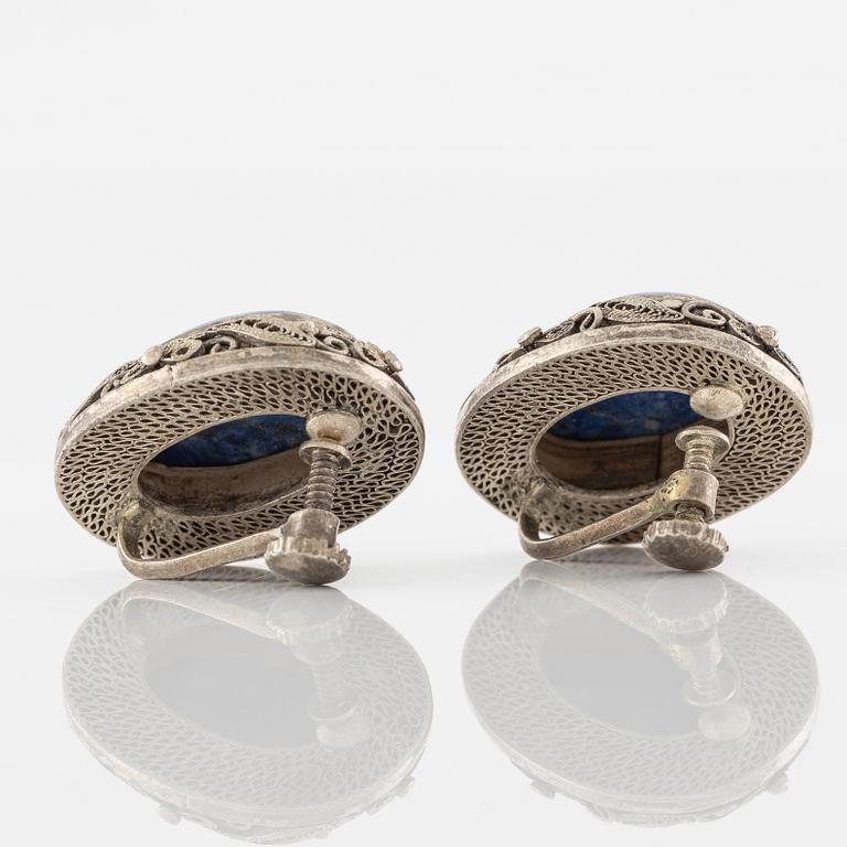 Necklace and earrings, silver with lapis lazuli.