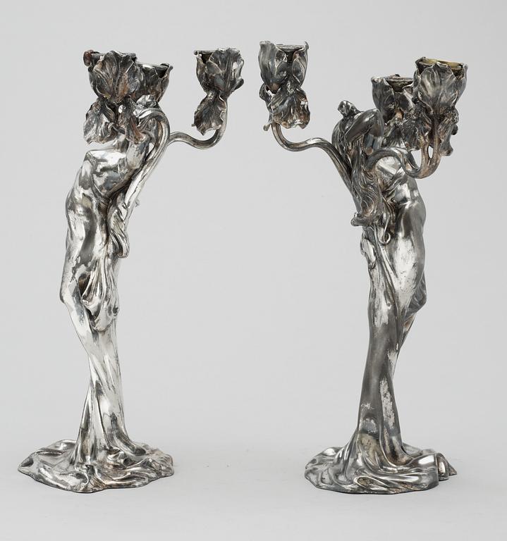 A pair of C. Bonnefond Art Nouveau white metal candelabra, Paris circa 1900.