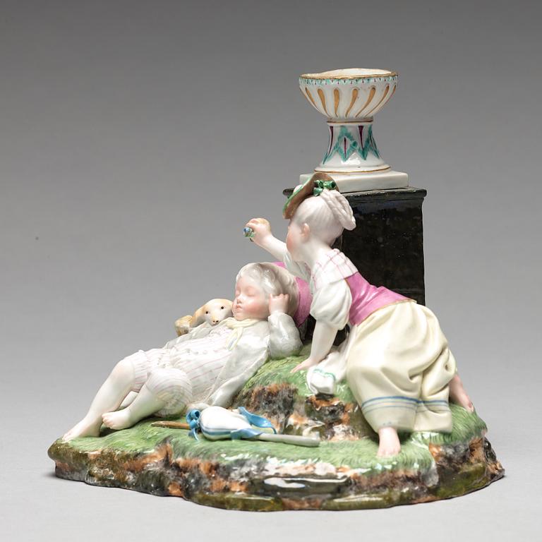 A Höchst figure group with a sleeping boy, 1770s.