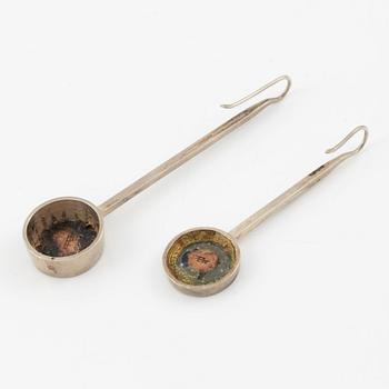 Lars Arrhenius, three pendants and a pair of earrings, sterling silver and enamel, Gothenburg, among others, 1969 and 1972.