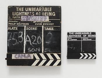 CLAPPER BOARDS, 2 pieces, from the movie-making of the movie "The unbearable lightness of being", USA 1988. Director: Philip Kaufman.