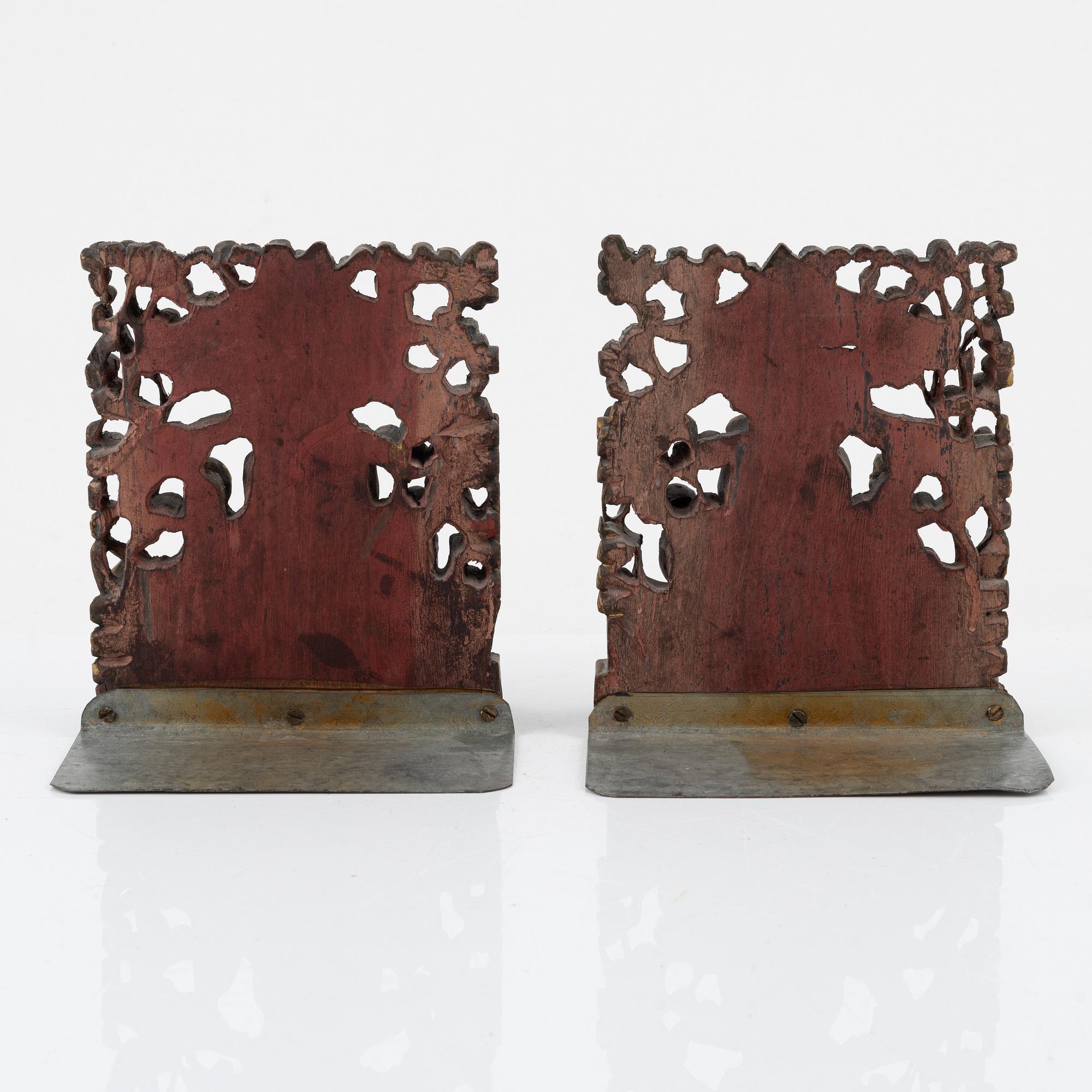 Two book ends made from Chinese wooden deocrative ornaments, early 20th Century.