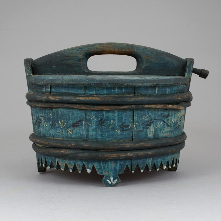 A WOODEN PORRIDGE BOWL, painted and dated 1858.