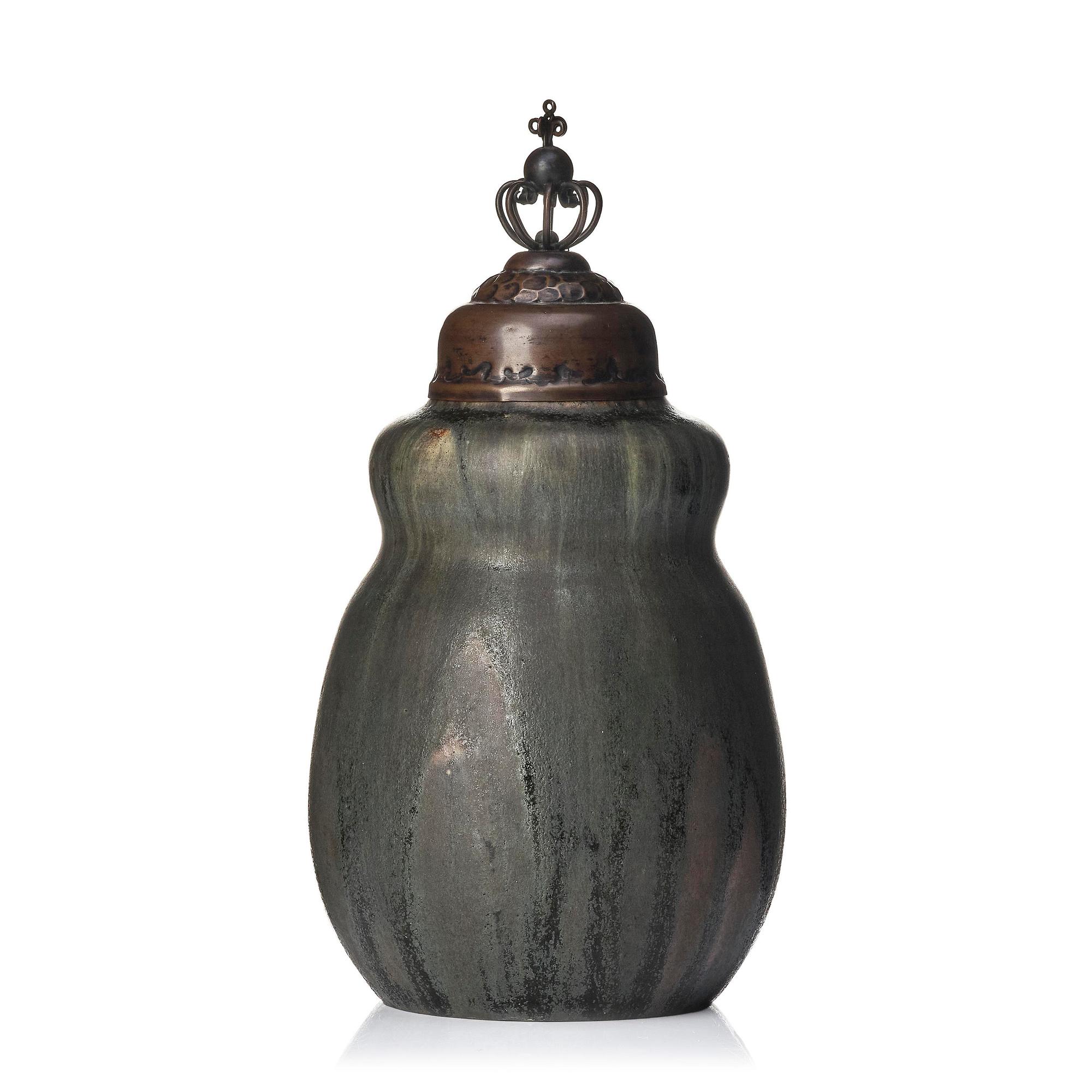 Patrick Nordström, a stoneware urn with a patinated metal cover, Royal Copenhagen, Denmark 1914.