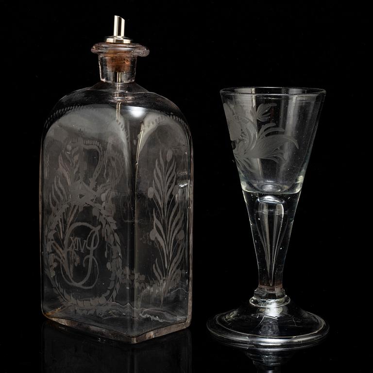 VINGLAS OCH BRÄNNVINSFLASKA, glas, 1700-tal och 1800-tal.