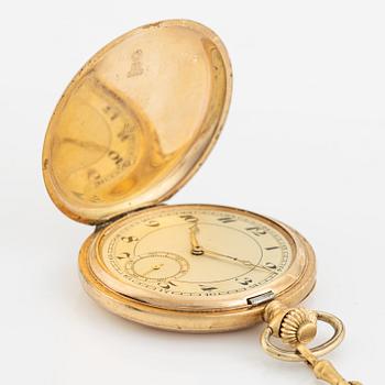 Mido, pocket watch, hunter, 14K gold, chain in 18K gold, 52 mm.